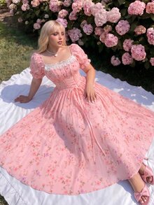 Lyrianda Sweet Romantic Vacation Ditsy Floral Short Sleeve Cinched Waist Tie Maxi Dress - Pink - View 5