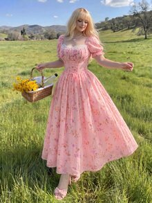 Lyrianda Sweet Romantic Vacation Ditsy Floral Short Sleeve Cinched Waist Tie Maxi Dress - Pink - View 3