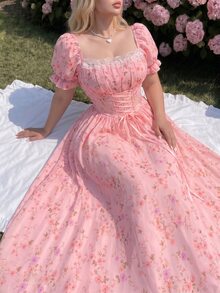 Lyrianda Sweet Romantic Vacation Ditsy Floral Short Sleeve Cinched Waist Tie Maxi Dress - Pink - View 4