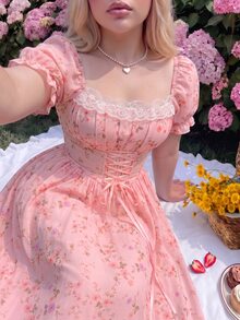 Lyrianda Sweet Romantic Vacation Ditsy Floral Short Sleeve Cinched Waist Tie Maxi Dress - Pink - View 6