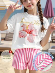 少女春夏休闲时尚创意个性清新简约花卉竖条纹夏季风印花字母图案舒适日常休闲T恤短裤套装 - 彩色 - 查看 6