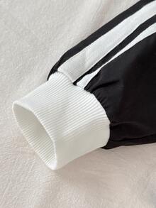 SHEIN 兒童青少年女孩休閒新款秋冬時尚黑白條紋拼接長袖拉鍊夾克與長褲2件套，返校季秋冬服飾開襟夾克套裝 - 黑色 - 查看 4