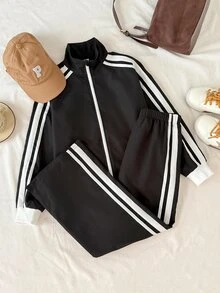SHEIN 兒童青少年女孩休閒新款秋冬時尚黑白條紋拼接長袖拉鍊夾克與長褲2件套，返校季秋冬服飾開襟夾克套裝 - 黑色 - 查看 5