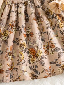 SHEIN 女童編織碎花圓領荷葉邊休閒洋裝 - 卡其色 - 查看 8