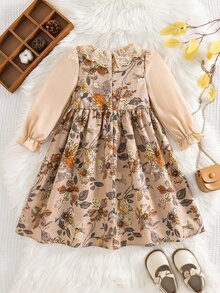 SHEIN 女童編織碎花圓領荷葉邊休閒洋裝 - 卡其色 - 查看 5