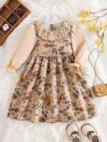 SHEIN 女童編織碎花圓領荷葉邊休閒洋裝 - 卡其色 - 查看 4