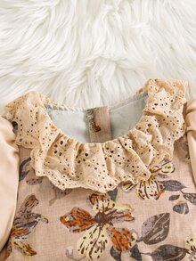 SHEIN 女童編織碎花圓領荷葉邊休閒洋裝 - 卡其色 - 查看 6