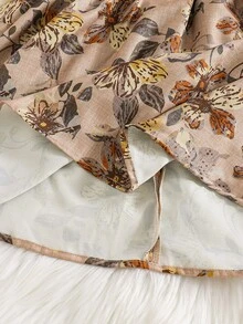 SHEIN 女童編織碎花圓領荷葉邊休閒洋裝 - 卡其色 - 查看 9