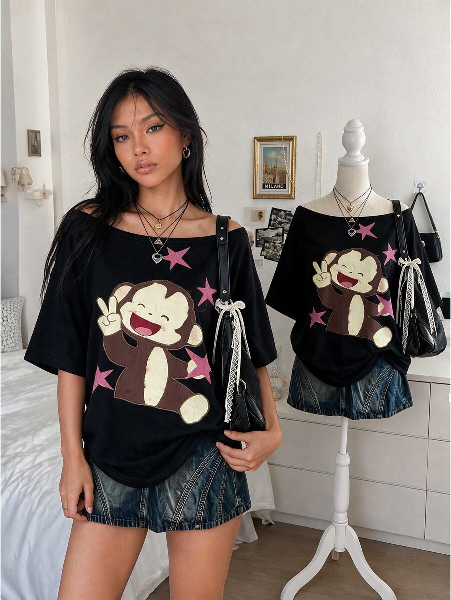 Lalippa Plus Size Women's Cartoon Animal Print Asymmetric Neckline Short Sleeve T-Shirt - White - View 1
