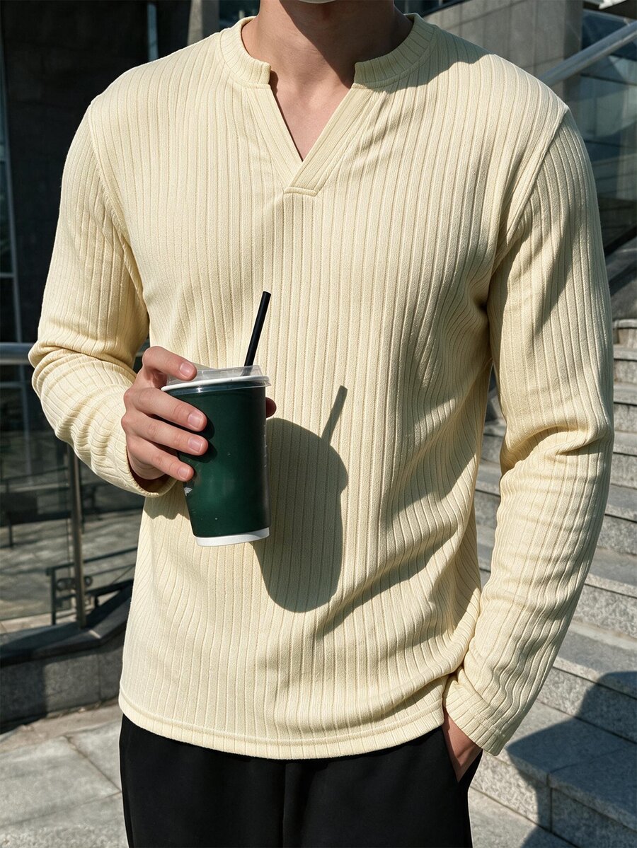 TONEVAULT Light Apricot Textured Small V-Neck Men's Long Sleeve Knit Sweater, Slim Fit, Casual Style, Suitable For Spring/Autumn Daily Commute And Streetwear - Apricot - View 1