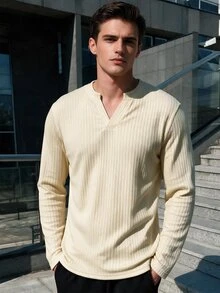 TONEVAULT Light Apricot Textured Small V-Neck Men's Long Sleeve Knit Sweater, Slim Fit, Casual Style, Suitable For Spring/Autumn Daily Commute And Streetwear - Apricot - View 6