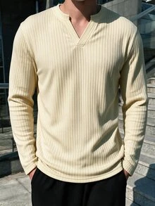 TONEVAULT Light Apricot Textured Small V-Neck Men's Long Sleeve Knit Sweater, Slim Fit, Casual Style, Suitable For Spring/Autumn Daily Commute And Streetwear - Apricot - View 5