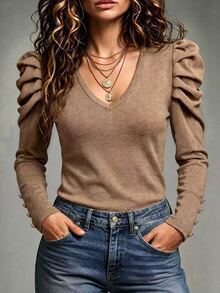 SHEIN Women's Fall Winter V Neck Puff Long Sleeve Blouse Elegant Ruched Shoulder Gold Button Slim Fit Knit T Shirts Casual Dressy Tops - Brown - View 4