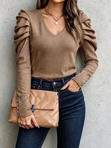 SHEIN Women's Fall Winter V Neck Puff Long Sleeve Blouse Elegant Ruched Shoulder Gold Button Slim Fit Knit T Shirts Casual Dressy Tops - Brown - View 3