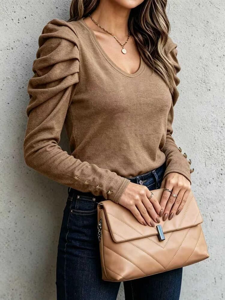 SHEIN 女款秋冬V領泡泡長袖針織上衣，優雅抓皺肩部金鈕扣修身休閒正裝上衣 - 棕色 - 查看 6