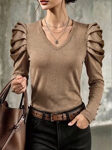 SHEIN Women's Fall Winter V Neck Puff Long Sleeve Blouse Elegant Ruched Shoulder Gold Button Slim Fit Knit T Shirts Casual Dressy Tops - Brown - View 1