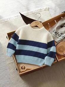 SHEIN 男童秋冬加厚條紋針織毛衣長袖上衣，柔軟舒適，適合日常穿著、外出、旅行、度假與居家 - 白色 - 查看 6