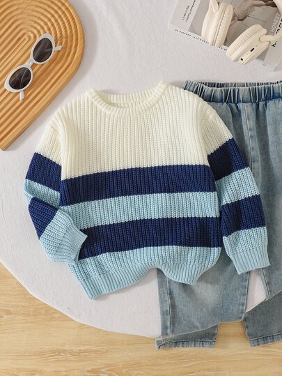 SHEIN Suéter de punto a rayas grueso para niños, manga larga, suave y cómodo, adecuado para uso diario, salidas, viajes, vacaciones y hogar