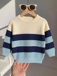 SHEIN 男童秋冬加厚條紋針織毛衣長袖上衣，柔軟舒適，適合日常穿著、外出、旅行、度假與居家 - 白色 - 查看 9