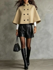 SHEIN Women's Solid Color Double-Breasted Cape Trench Coat - Khaki - View 4