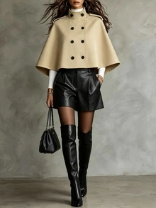 SHEIN Women's Solid Color Double-Breasted Cape Trench Coat - Khaki - View 3