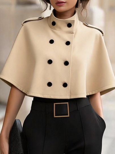 SHEIN Women's Solid Color Double-Breasted Cape Trench Coat