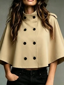 SHEIN Women's Solid Color Double-Breasted Cape Trench Coat - Khaki - View 5