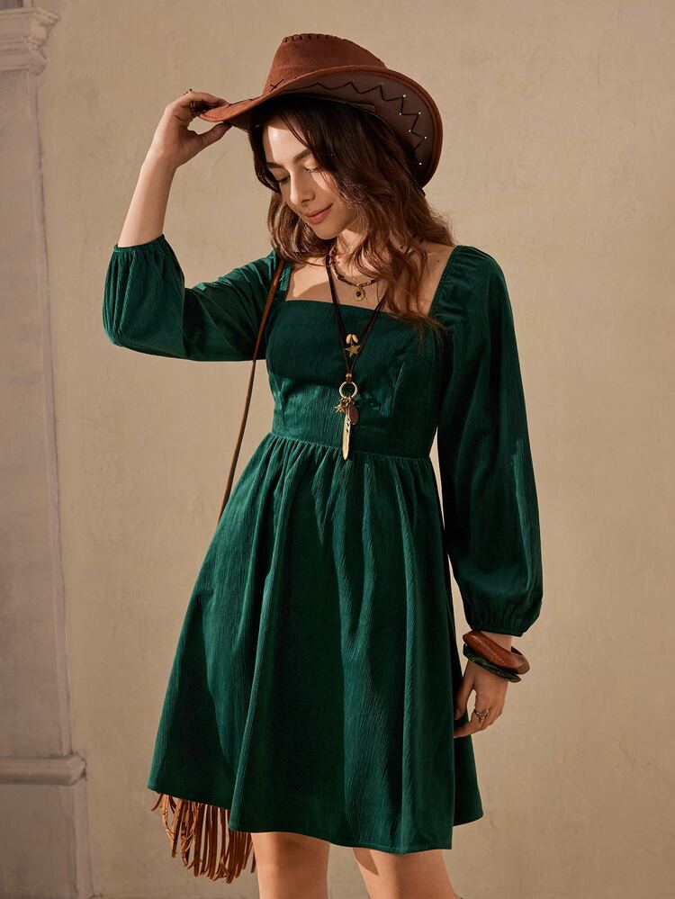 dark green corduroy dress Wildy Women's Mini Dress,Autumn Cottage Core Square Neck Lantern Long Sleeve Elegant Fall Vintage Casual Graduation Picnic Dresses Sheath homecoming dress