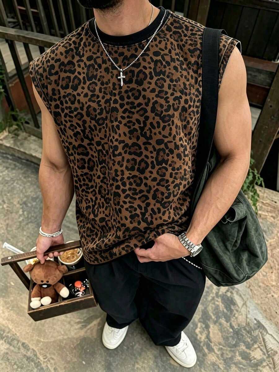 Resyla Men Men's Leopard Print Casual Streetwear Rave Versatile Daily Wear Vacation Holiday Top Date Night Rave Dark Brown Summer Rave Vacation