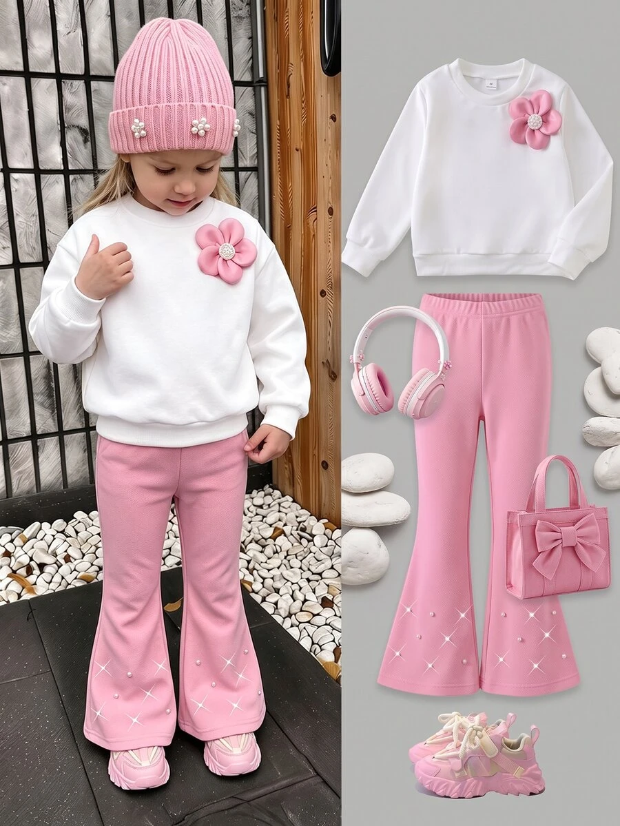 SHEIN Elladie kids 幼女幼童秋季甜美3D花朵圓領衛衣 鑲鑽仿珍珠喇叭褲休閒運動套裝 7歲生日 白色紫色