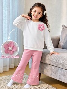SHEIN Elladie kids 幼女幼童秋季甜美3D花朵圓領衛衣 鑲鑽仿珍珠喇叭褲休閒運動套裝 7歲生日 白色紫色 - 白色 - 查看 7