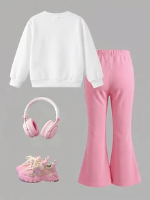 SHEIN Elladie kids 幼女幼童秋季甜美3D花朵圓領衛衣 鑲鑽仿珍珠喇叭褲休閒運動套裝 7歲生日 白色紫色 - 白色 - 查看 3