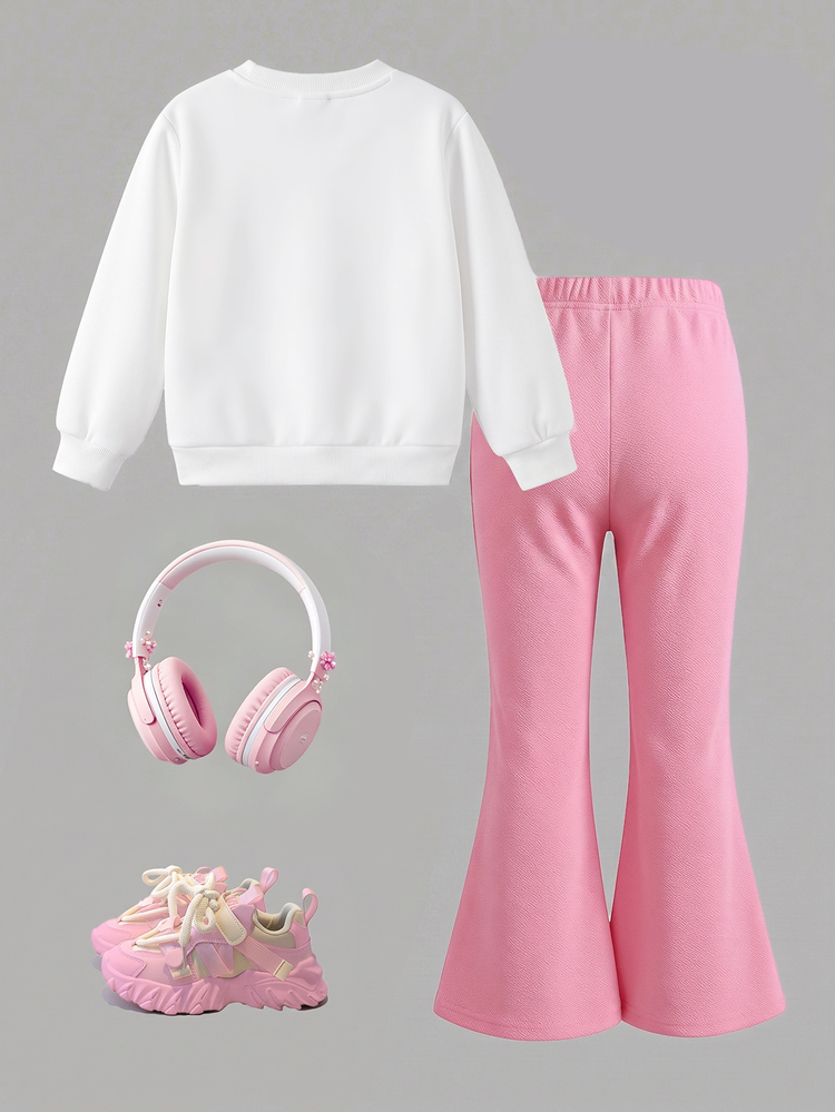 SHEIN Elladie kids Young Girls Toddler Autumn Sweet 3D Flower Crewneck Sweatshirt Rhinestone Faux Pearl Flare Pants Casual Sweatsuit 7th Birthday White Purple - White - View 2