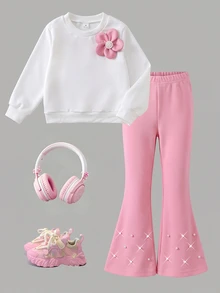 SHEIN Elladie kids 幼女幼童秋季甜美3D花朵圓領衛衣 鑲鑽仿珍珠喇叭褲休閒運動套裝 7歲生日 白色紫色 - 白色 - 查看 6