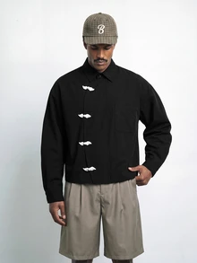 STYNVO Men's Vintage Frog Button Fashion Long Sleeve Pocket Shirt - Black - View 4