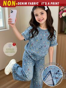 (1 Set) Girls' Fashionable Minimalist Colorful Diamond Pattern Basic Short T-Shirt & Wide Leg Pants Outfit, Comfortable Daily Wear - Multicolor - View 3