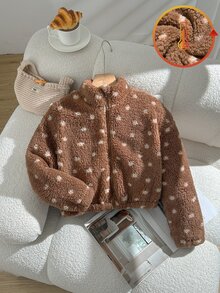 1pc Girls' Brown Stand Collar Zip-Up Fur Jacket With All-Over Heart Pattern Print, Casual Jacket Top For Autumn/Winter, Suitable For Daily Wear, Shopping, School And Other Occasions - Coffee Brown - View 7