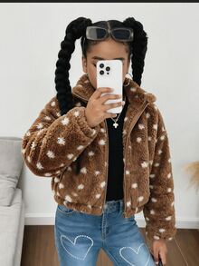 1pc Girls' Brown Stand Collar Zip-Up Fur Jacket With All-Over Heart Pattern Print, Casual Jacket Top For Autumn/Winter, Suitable For Daily Wear, Shopping, School And Other Occasions - Coffee Brown - View 8
