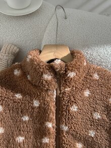 1pc Girls' Brown Stand Collar Zip-Up Fur Jacket With All-Over Heart Pattern Print, Casual Jacket Top For Autumn/Winter, Suitable For Daily Wear, Shopping, School And Other Occasions - Coffee Brown - View 4