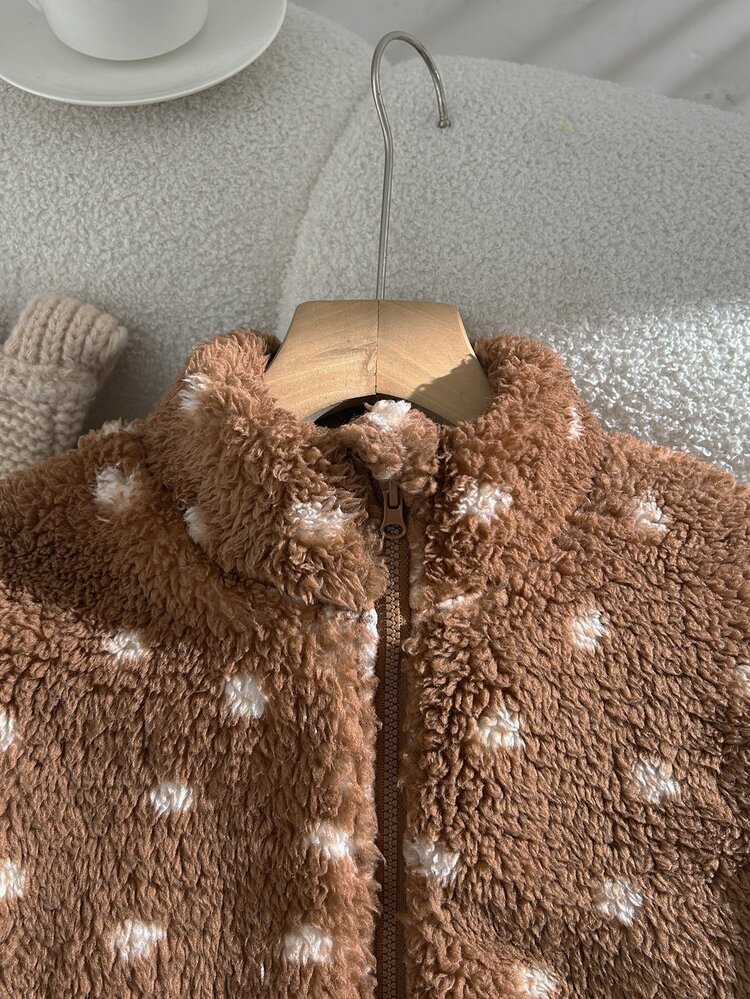 1pc Girls' Brown Stand Collar Zip-Up Fur Jacket With All-Over Heart Pattern Print, Casual Jacket Top For Autumn/Winter, Suitable For Daily Wear, Shopping, School And Other Occasions - Coffee Brown - View 3