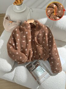 1pc Girls' Brown Stand Collar Zip-Up Fur Jacket With All-Over Heart Pattern Print, Casual Jacket Top For Autumn/Winter, Suitable For Daily Wear, Shopping, School And Other Occasions - Coffee Brown - View 9