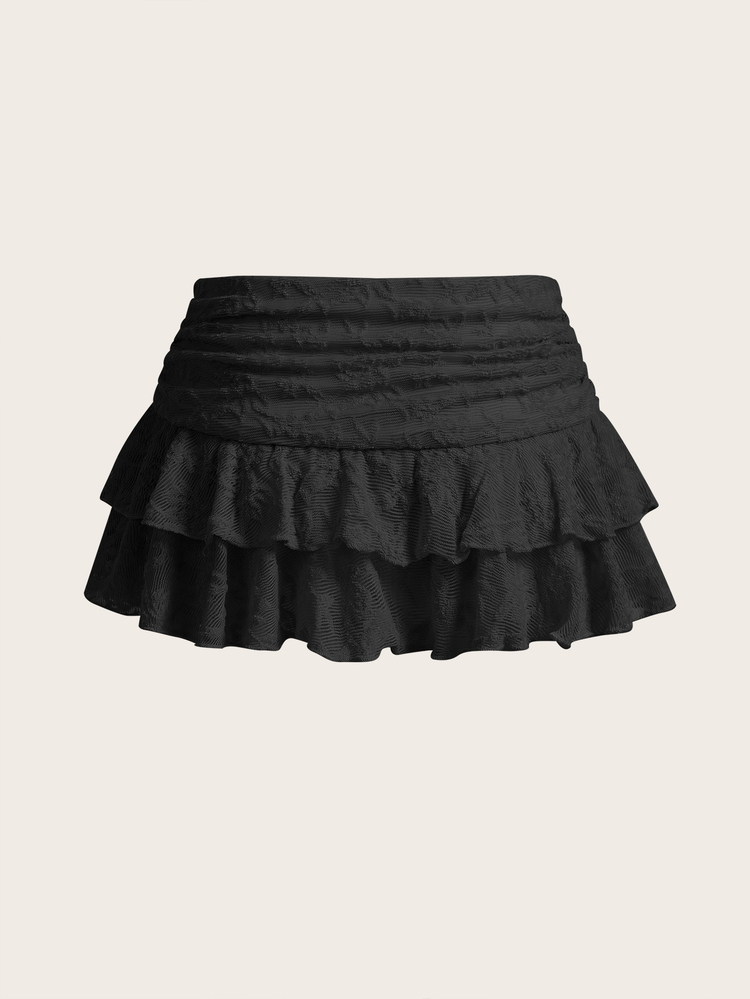 Sweetina Textured Mesh Drawstring Waist Layered Peplum Style Ruffle Hem Mini Skirt - Black - View 4