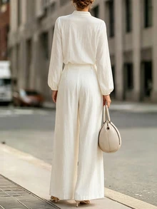 SHEIN Holidaya Women's Casual Long Sleeve Pure Cotton Frog Button Loose Open Front Top And Wide Leg Pants 2 Pieces Set - White - View 2