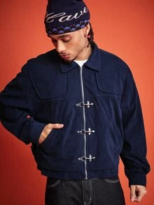 ROMWE MEN Street Life Men's Corduroy Flight Jacket - Blue - View 9