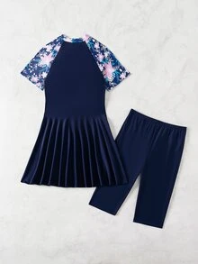 Swim Mulvari Conjunto de burkini para mujer con estampado aleatorio, relleno extraíble y sin cable, conjunto de traje de baño floral azul para vestimenta árabe de verano - Multicolor - Ver 7