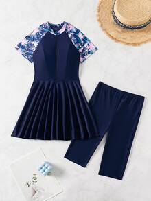Swim Mulvari Conjunto de burkini para mujer con estampado aleatorio, relleno extraíble y sin cable, conjunto de traje de baño floral azul para vestimenta árabe de verano - Multicolor - Ver 8