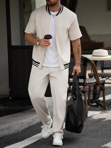 Manfinity CasualCool Men's Plus Size Colorblock Jacket And Pants Casual Daily Outfit - Apricot - View 3