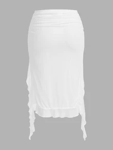 Sweetina Women's Solid Color Ruched Patchwork Ruffle Hem Split Hem Low Rise Skirt - White - View 5
