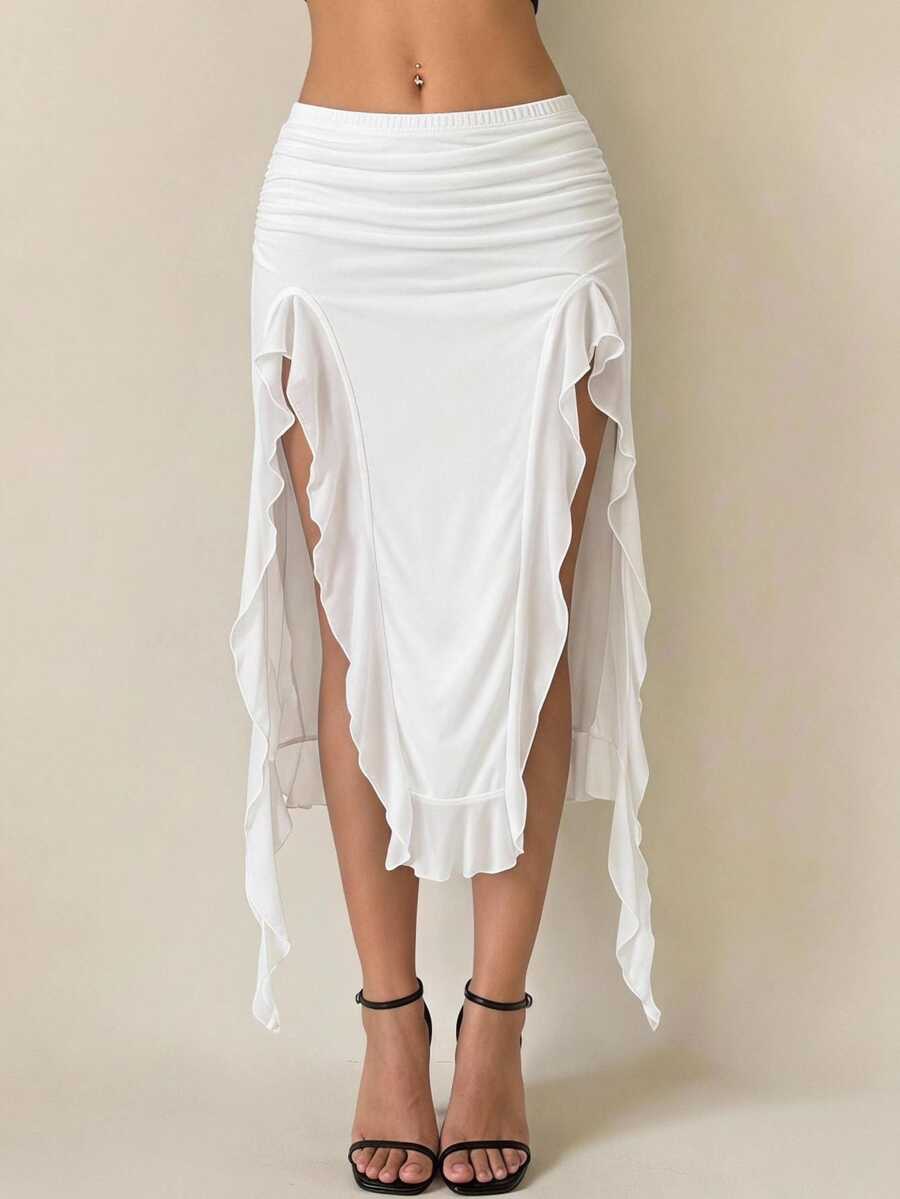 Sweetina Women's Solid Color Ruched Patchwork Ruffle Hem Split Hem Low Rise Skirt - White - View 1