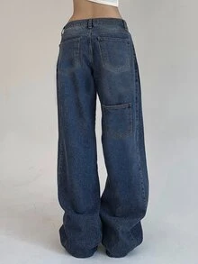 DAZY Celana Jeans Denim Kasual Warna Polos untuk Wanita, Cocok untuk Sehari-hari - Dark Wash - View 4